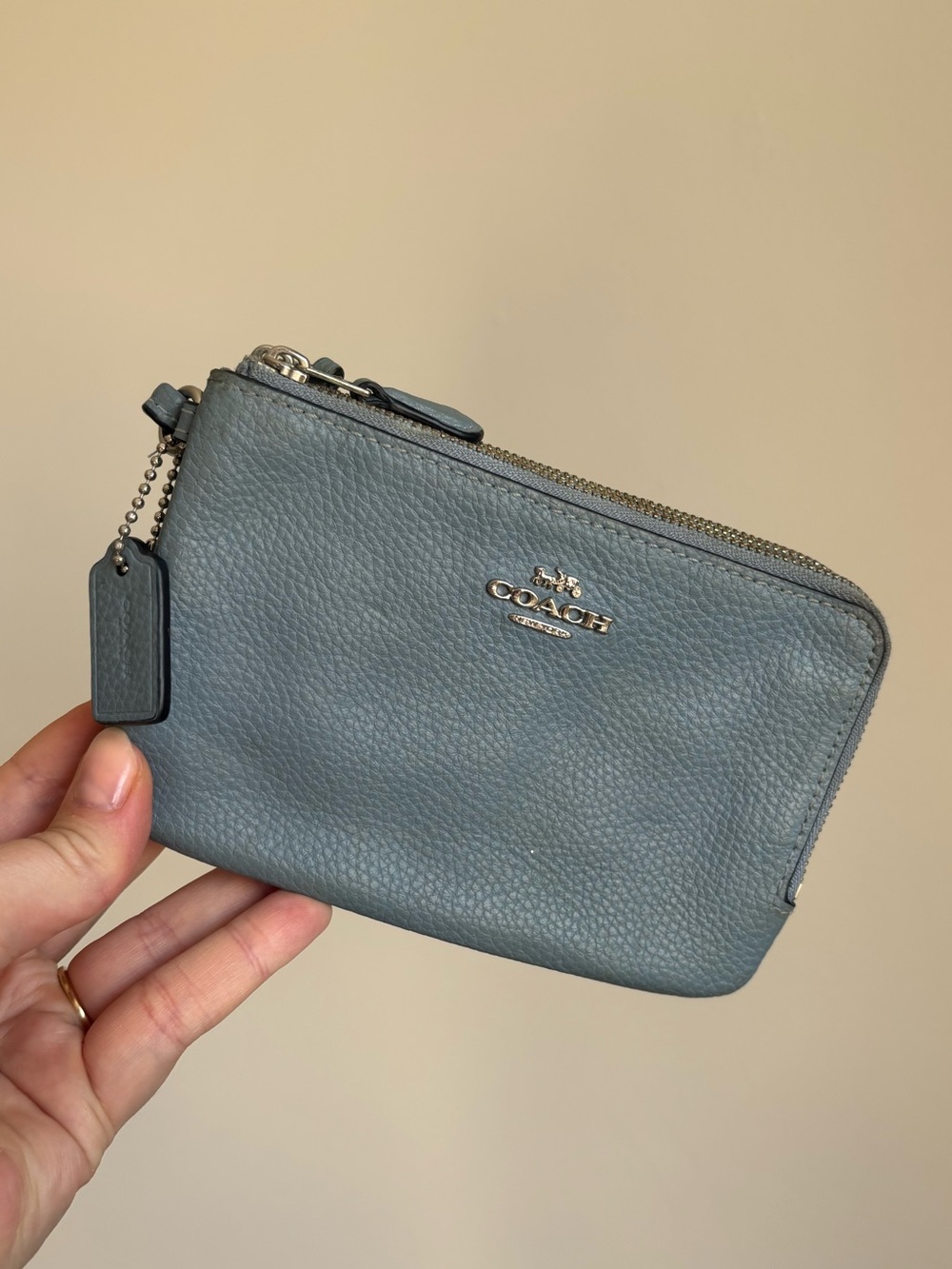 Coach corner zip wristlet sky blue pebbled leather with silver interior